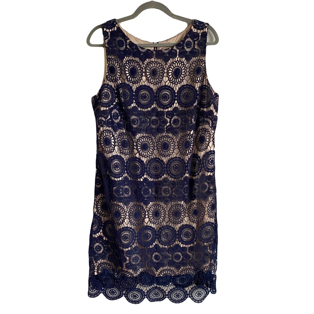 Eliza J Crochet Lace Navy Blue Sleeveless Office‎ Formal Midi Dress Size 14